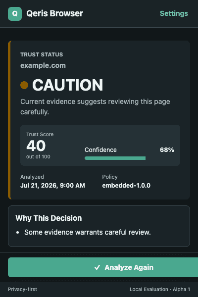 Qeris Browser caution verdict
