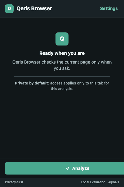 Qeris Browser ready to analyze a page