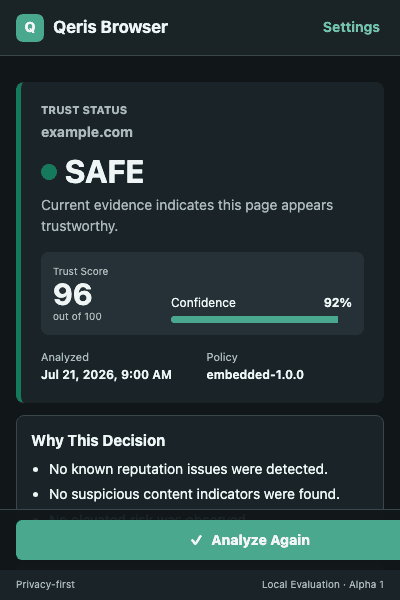Qeris Browser Safe verdict interface